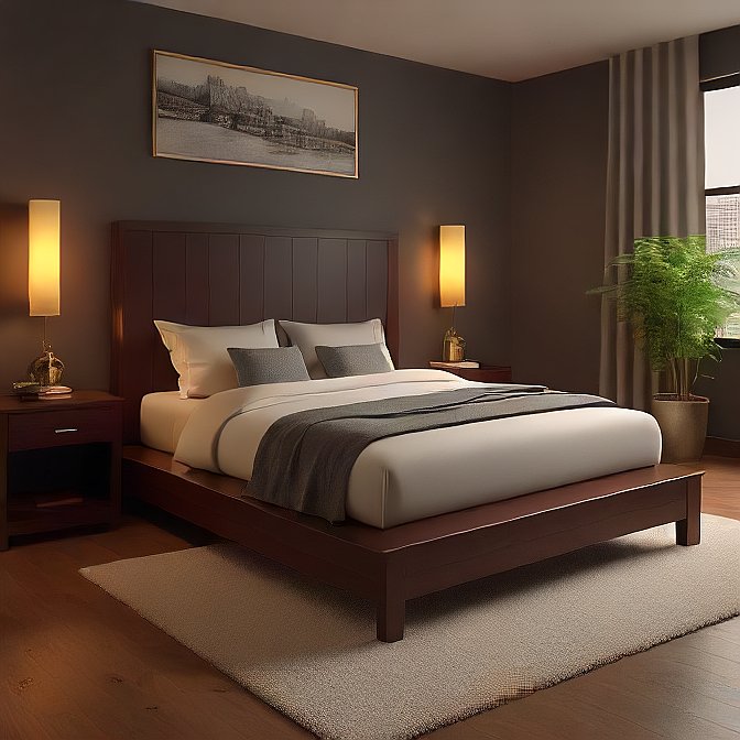 Wooden bed with upholstered headboard
